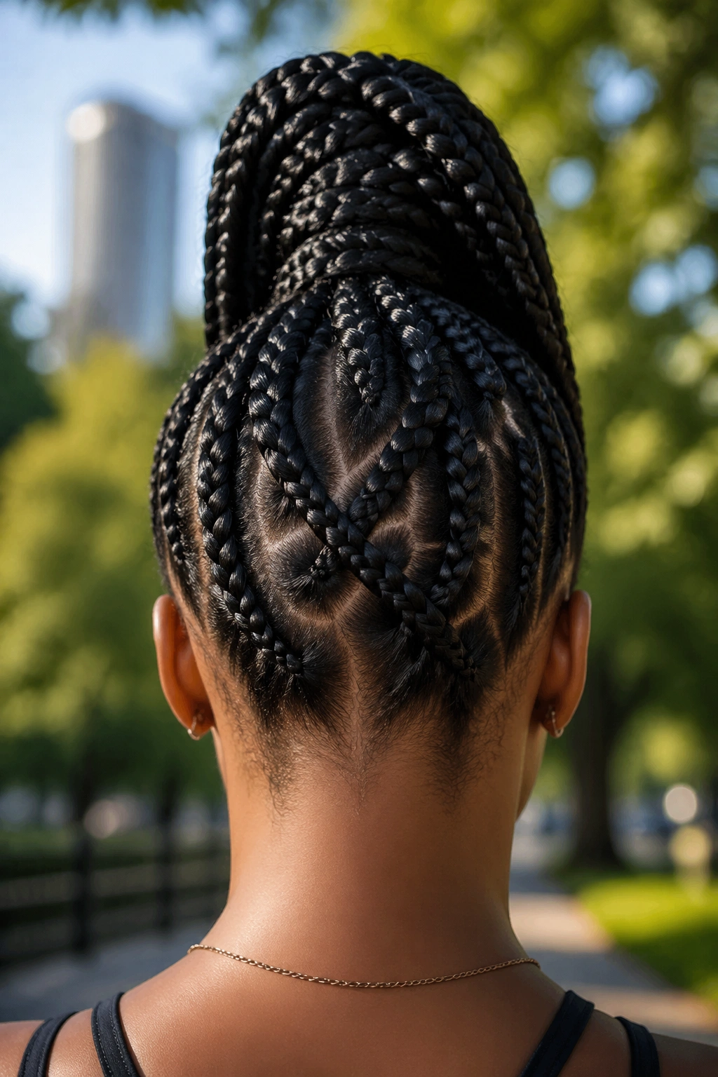 Back view of real person with crisscross ponytail base