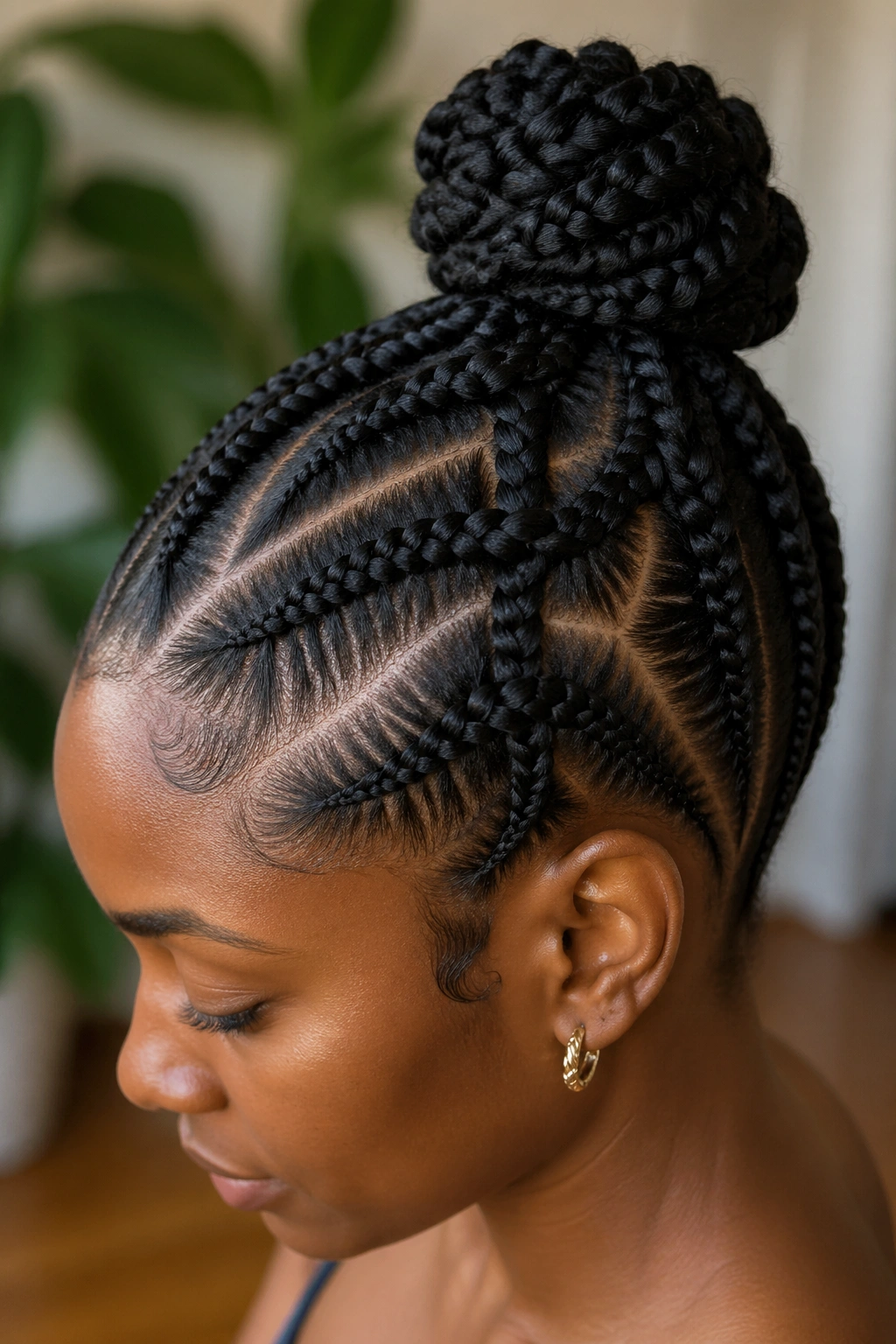Crisscross Dutch rope braids forming a bun on a real person.