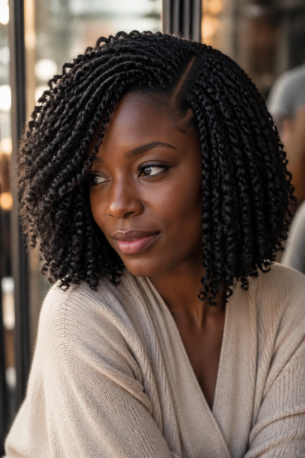 Close-up portrait of a real woman with crochet bob and deep side part