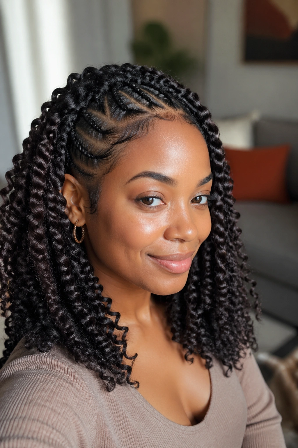 Close-up of a real person with crochet braids in warm window light