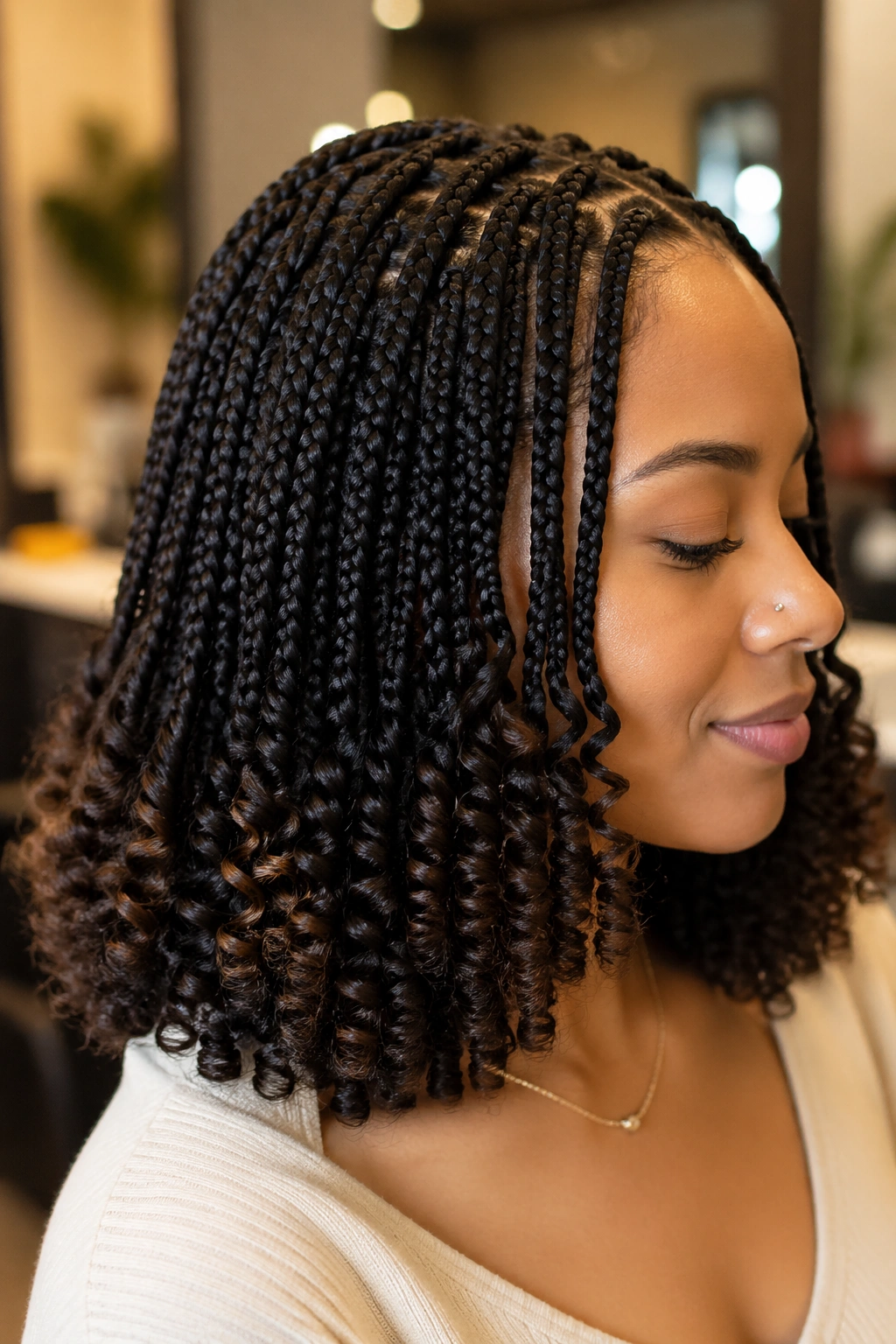 Close-up of a real person with crochet-added curls at the ends of short boho box braids