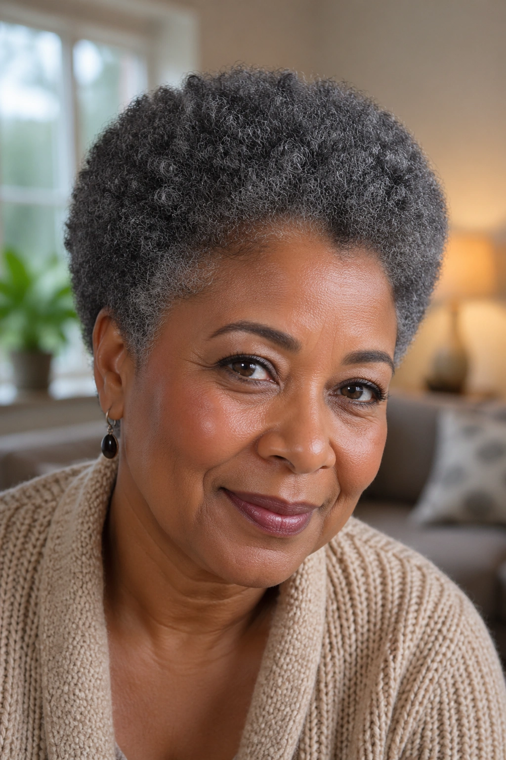 Close-up portrait of a real woman with a cropped Afro having a soft rounded shape and visible curls