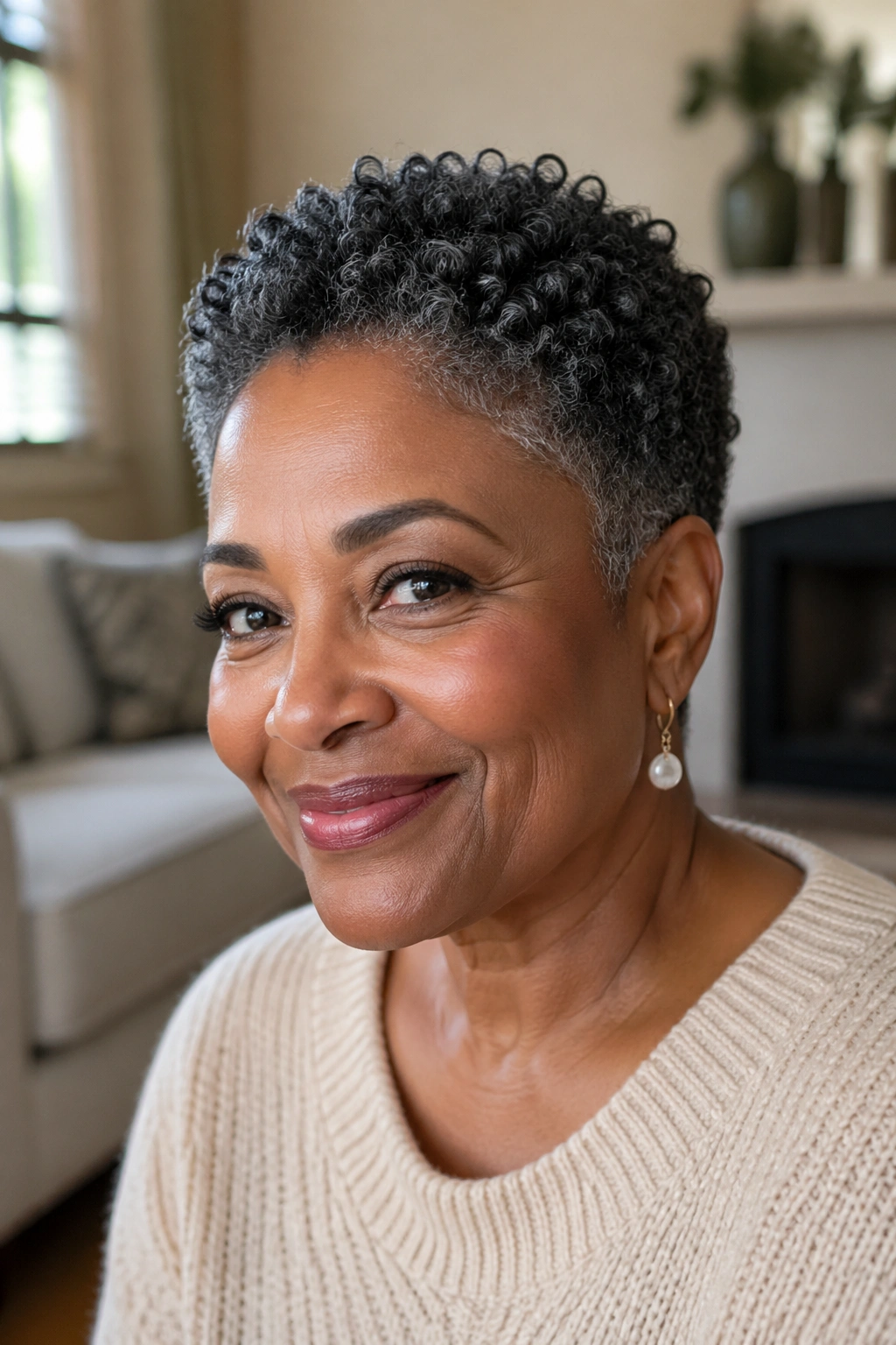 Close-up of a woman with cropped coily pixie hairstyle and defined curls
