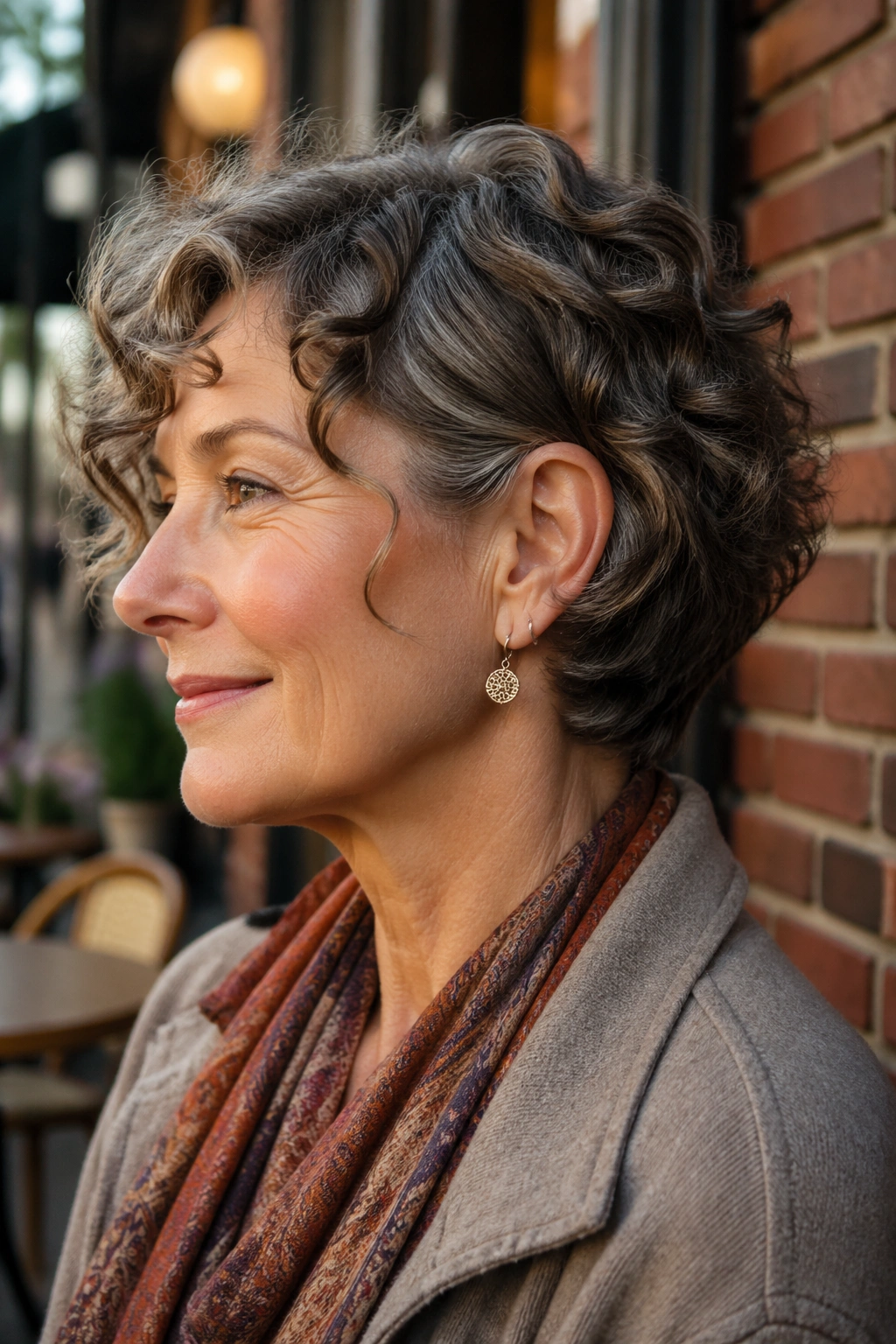 Close-up portrait of a real woman with cropped curly bob and ear-length tuck