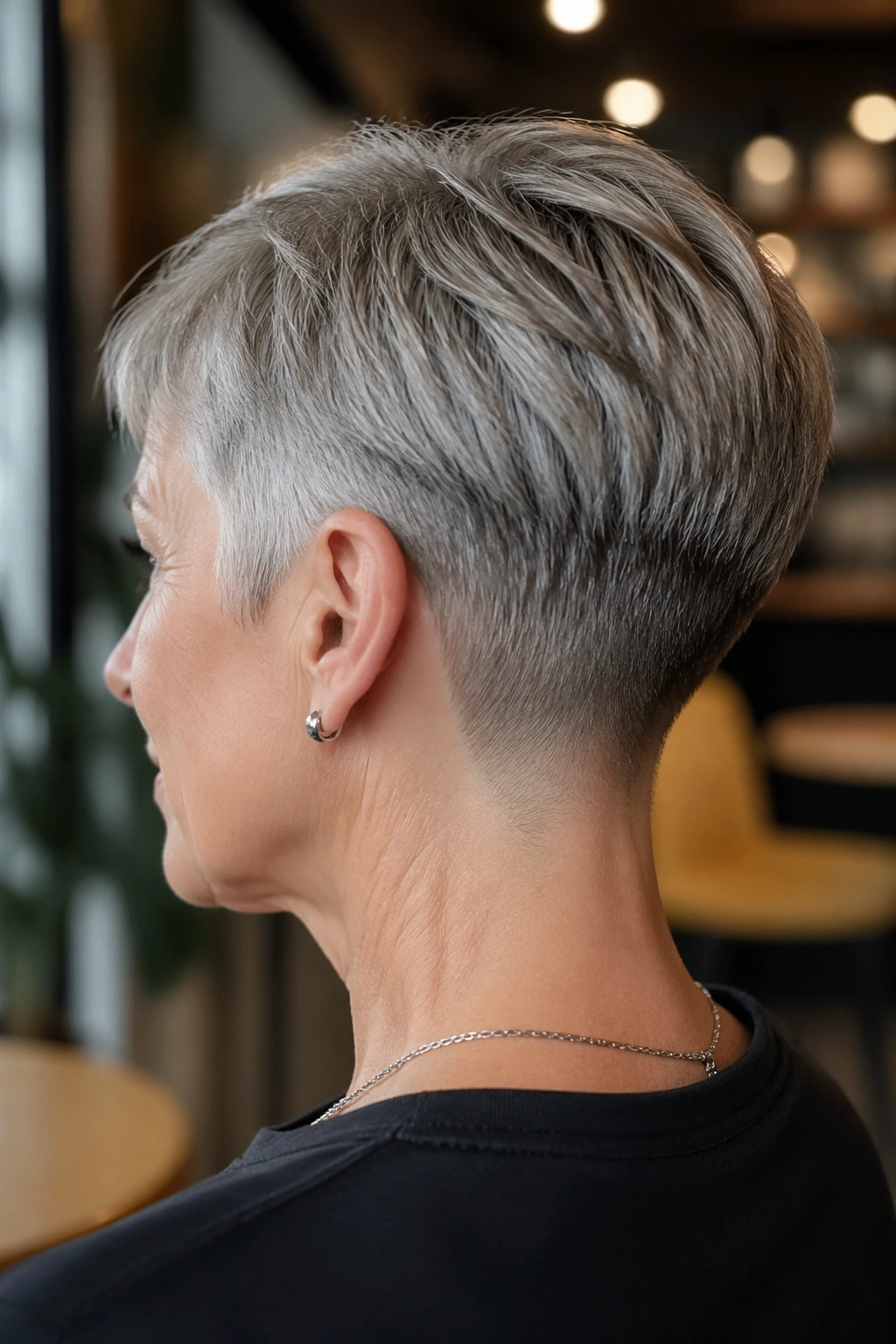 Close-up of a real woman with a cropped cut and nape taper.