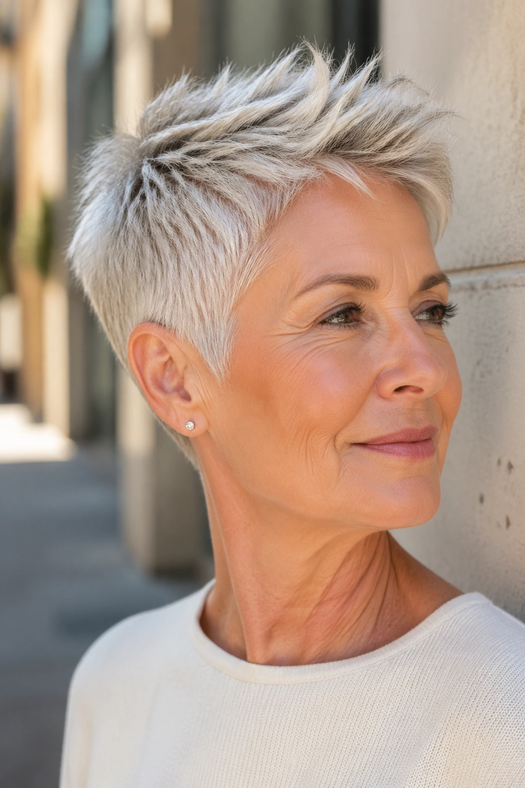 Close-up of an older woman with a cropped cut and tapered sides