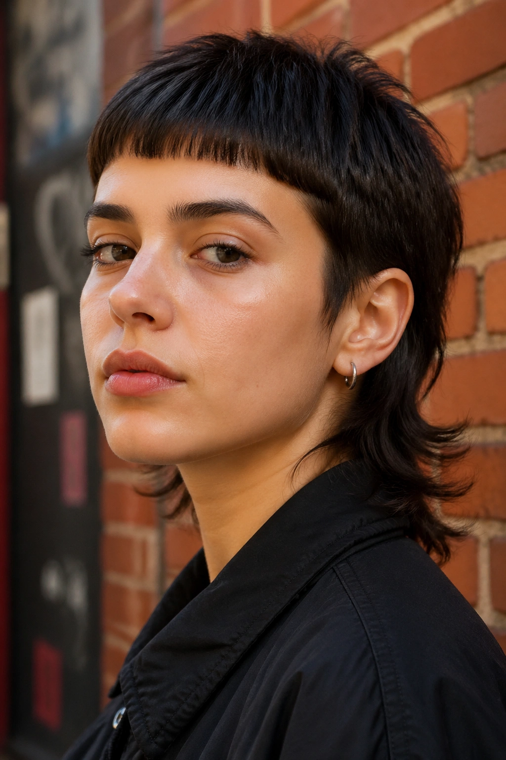 Close-up portrait of real person with cropped mullet and micro fringe against brick wall