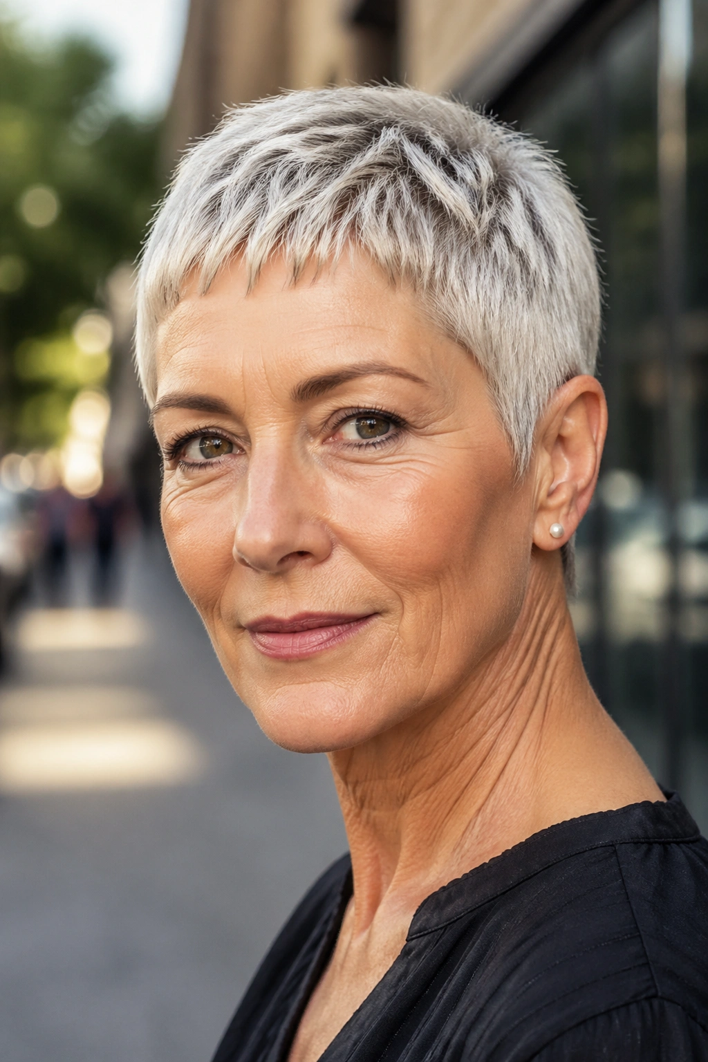 Close-up of a woman with cropped pixie and textured micro bangs on a city street