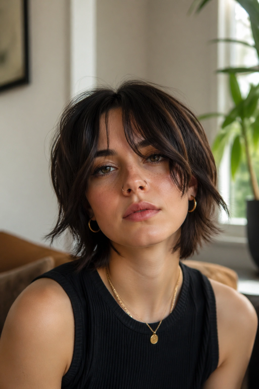 Close-up portrait of real person with curtain bangs in a cozy living room