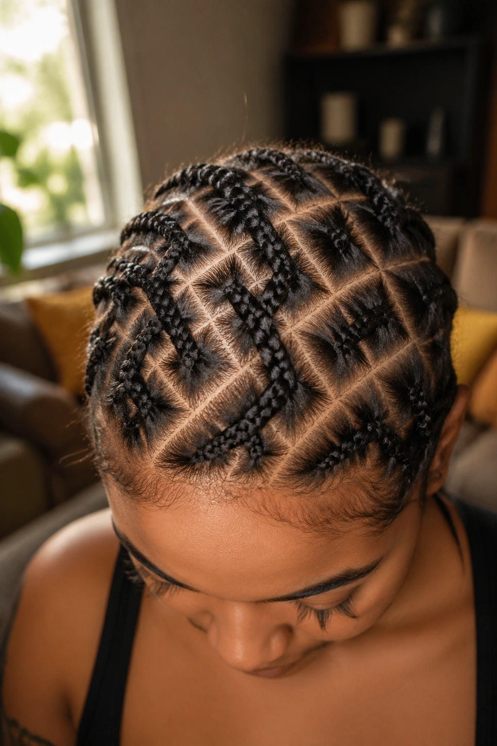 Close-up of a real person with cross-hatch braids across the scalp