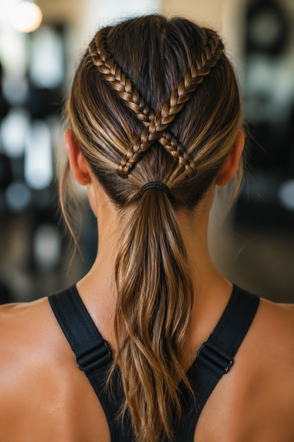 Back view of a real woman showing cross-laced braids into a ponytail