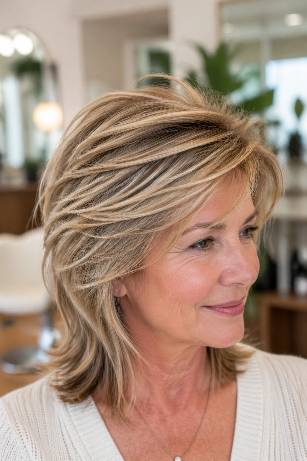 Real woman with crown-boosting layers creating lift at the crown