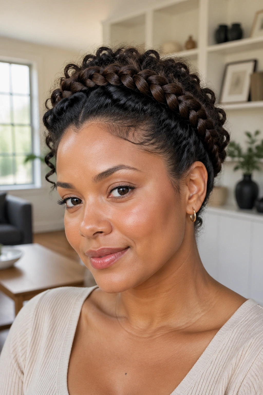 High crown braid on a real person with thick 3B/3C curls