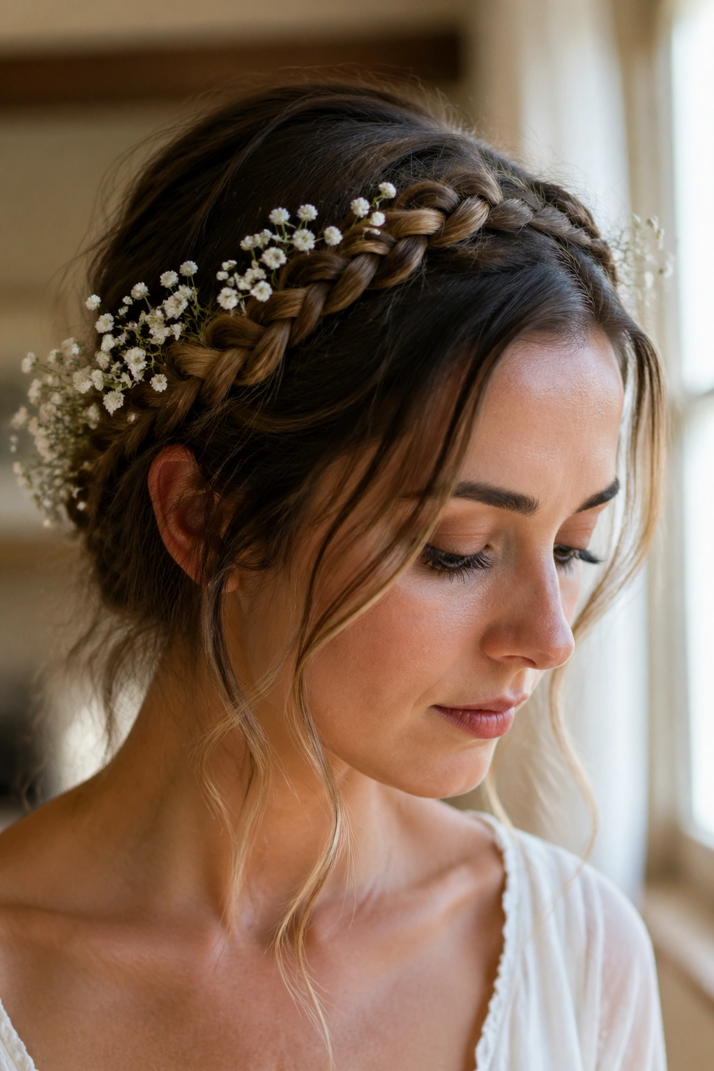 Close-up portrait of a real woman showing a soft crown braid with baby’s breath along the hairline.