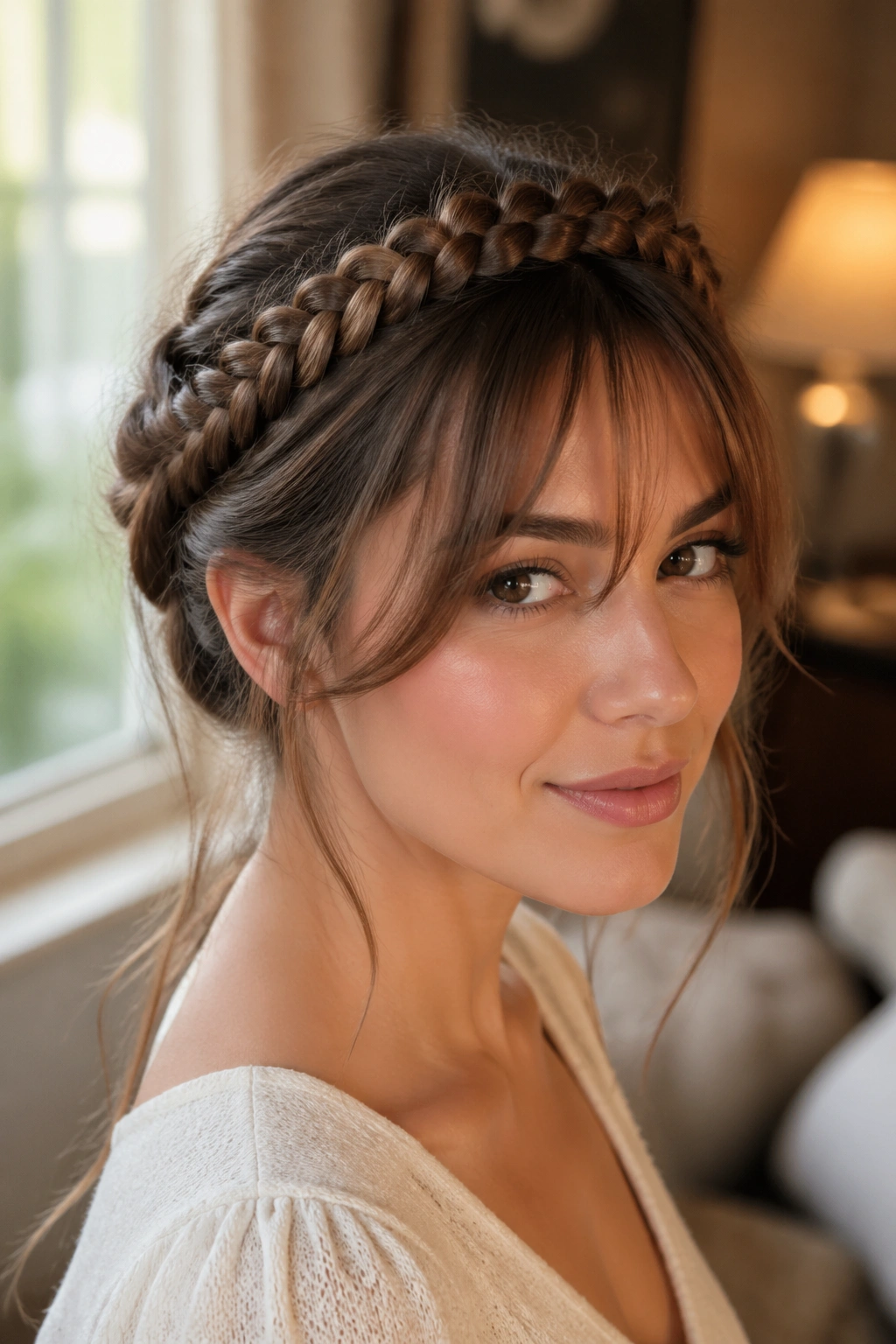 Real woman with crown braid above the brows in warm window light