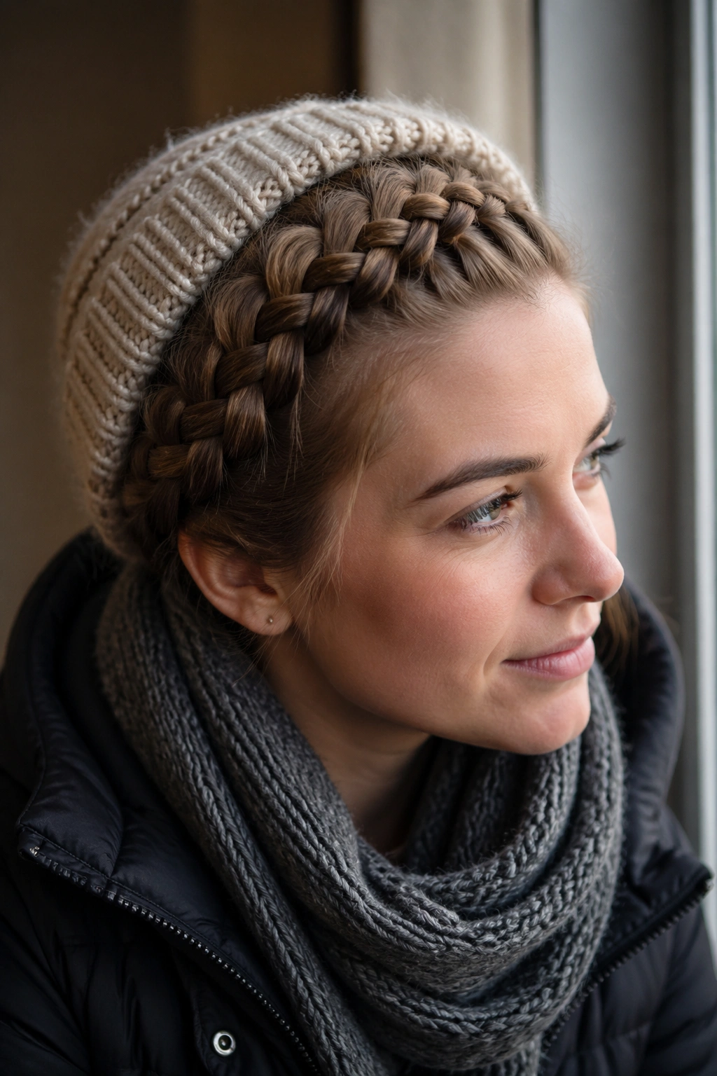 Real woman wearing a crown braid around the hairline with a beanie nearby.