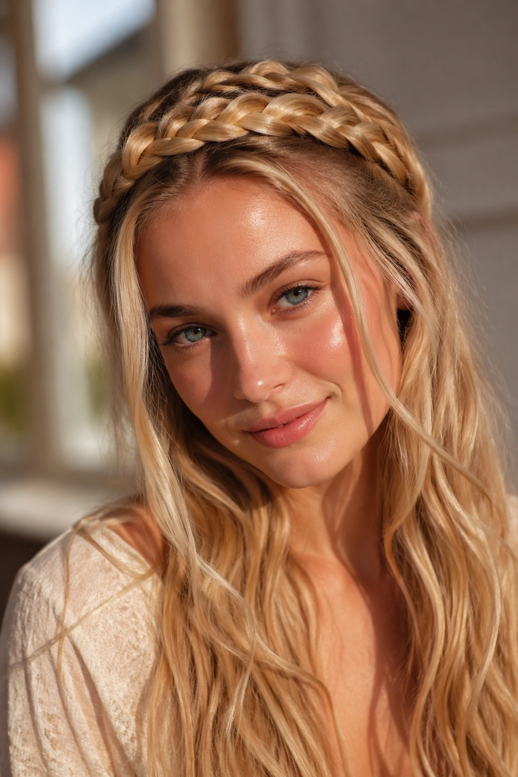 Close-up of a real woman wearing a crown braid along the hairline in long blonde hair