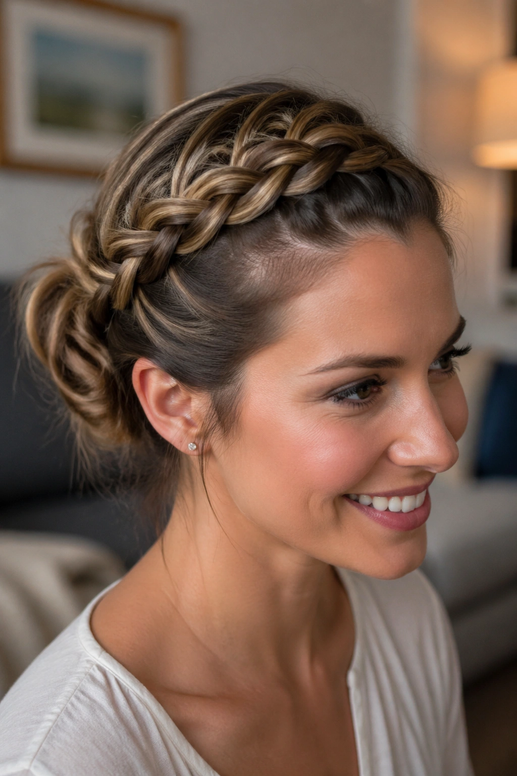 Close-up of a real woman wearing a crown French braid bun around the head