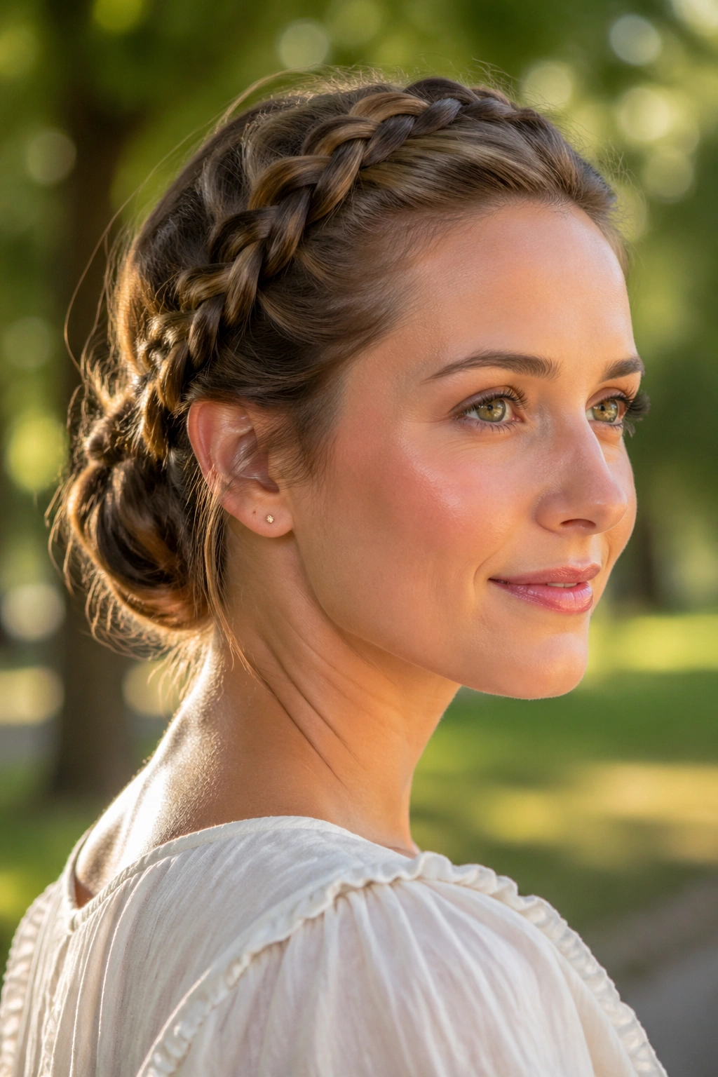 Portrait of a woman with crown braid and tucked bun