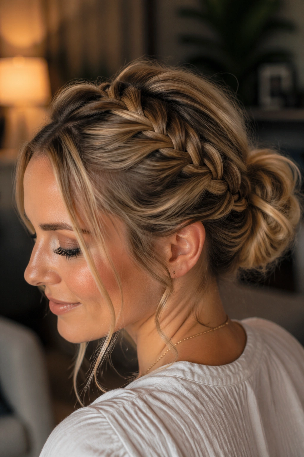 Real woman with crown braid flowing into a soft bun and textured ends.