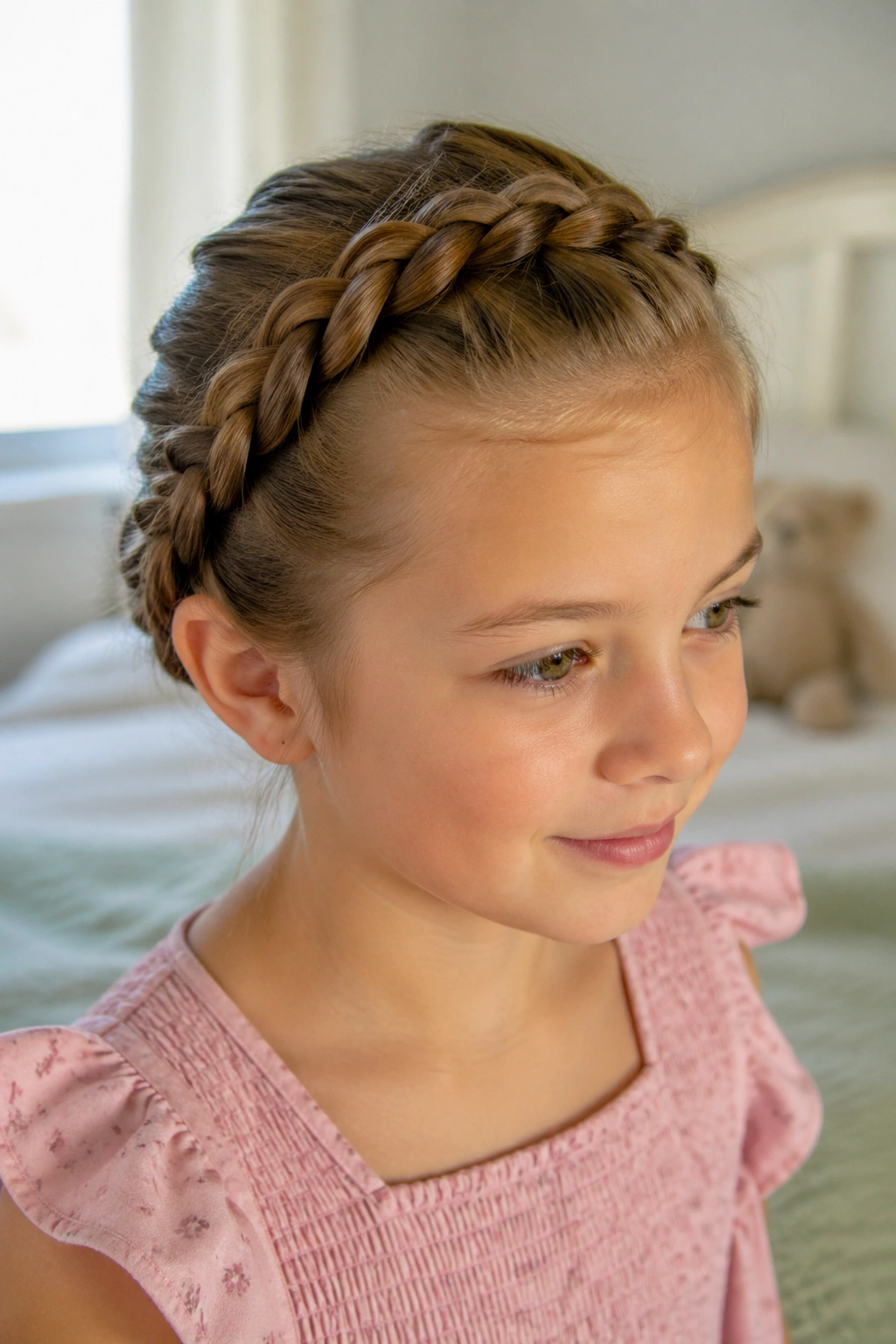 Close-up of a child with a crown braid around the head in soft morning light
