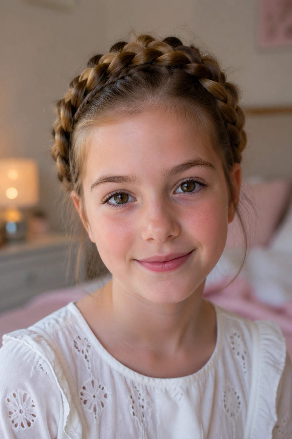 Close-up portrait of a girl wearing a crown braid halo in soft window light