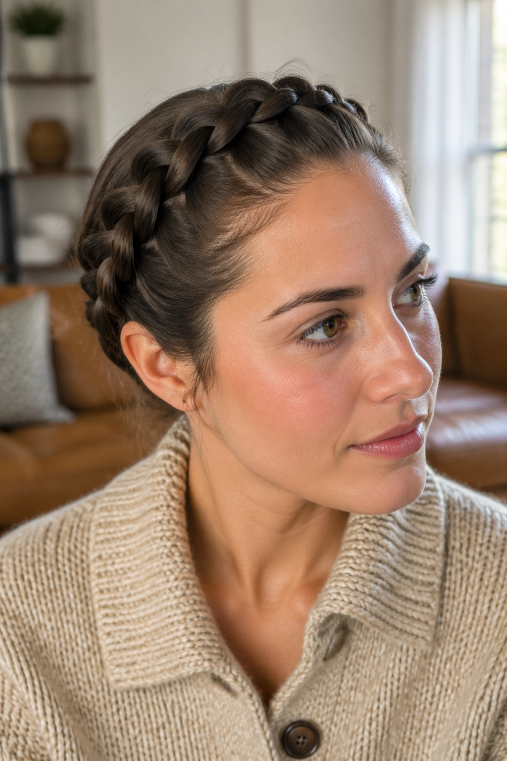 Close-up of a real woman with a crown braid framing the hairline
