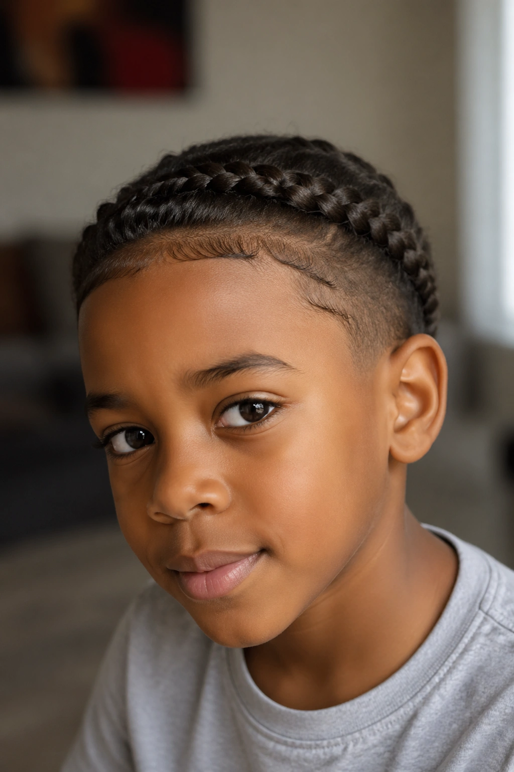 Close-up portrait of a boy with a crown braid along the hairline