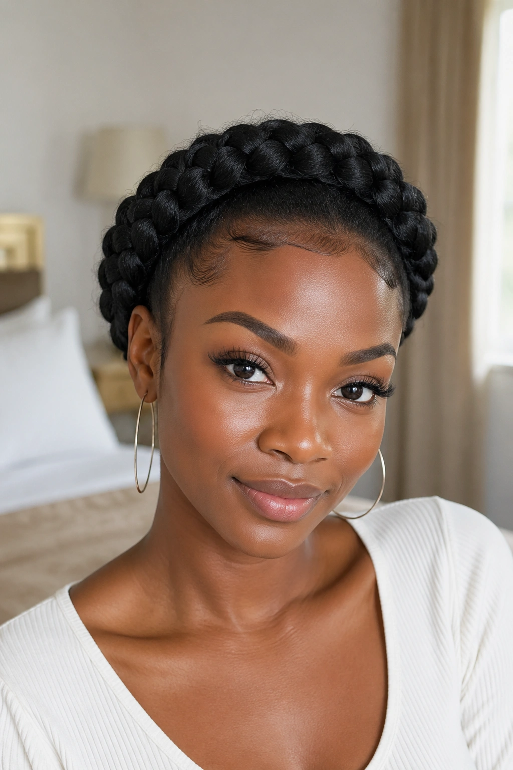 Real woman wearing a crown braid encircling the head