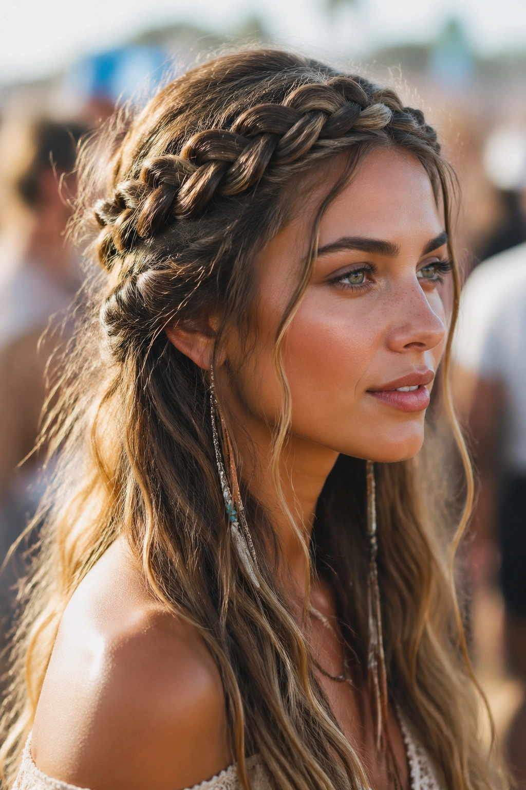 Close-up of a real woman wearing a half-up crown braid outdoors at a festival