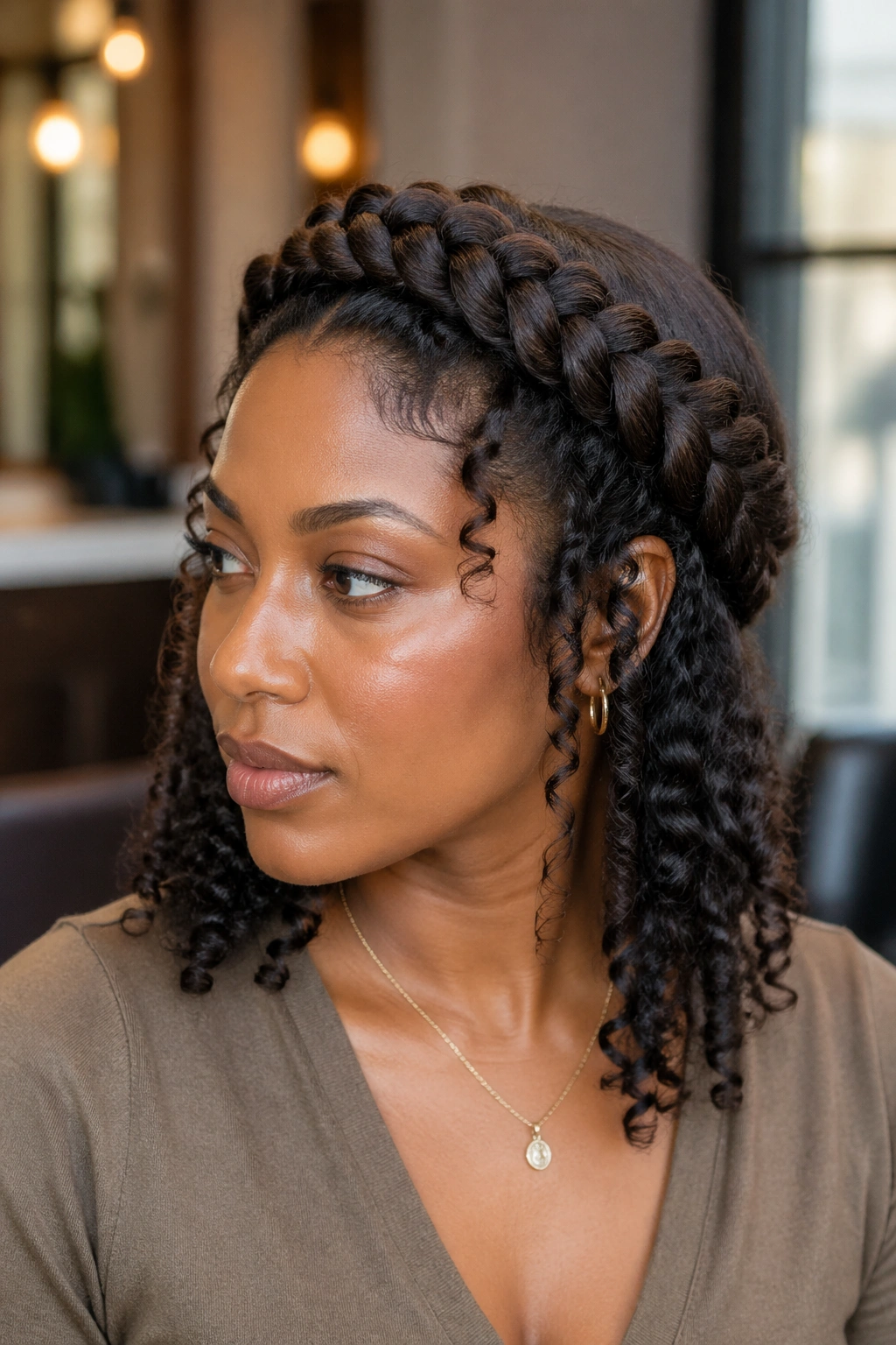 Real woman with crown braid-out halo shape around head, waves released.