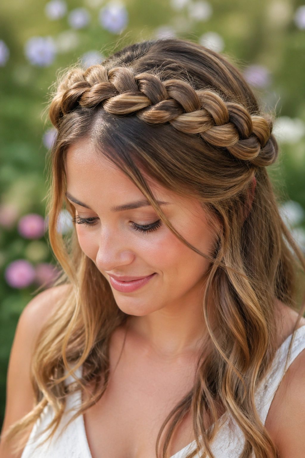 Real person wearing a crown braid halo around the head.