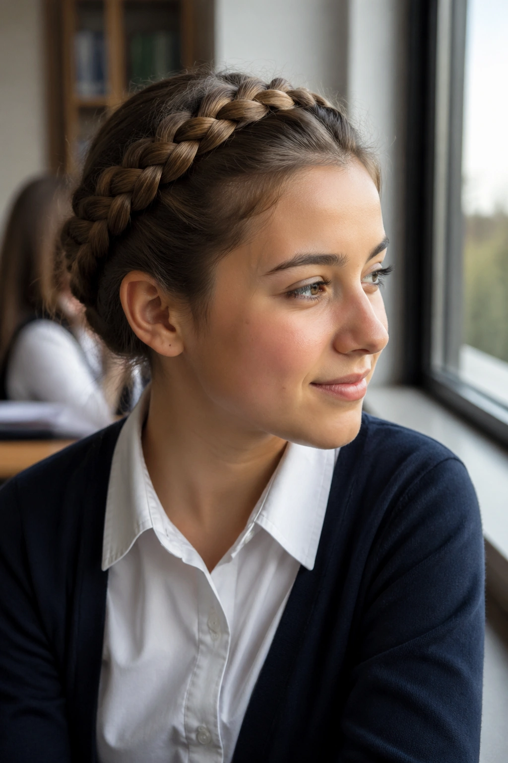 Close-up of a real person wearing a crown braid around the head in a classroom