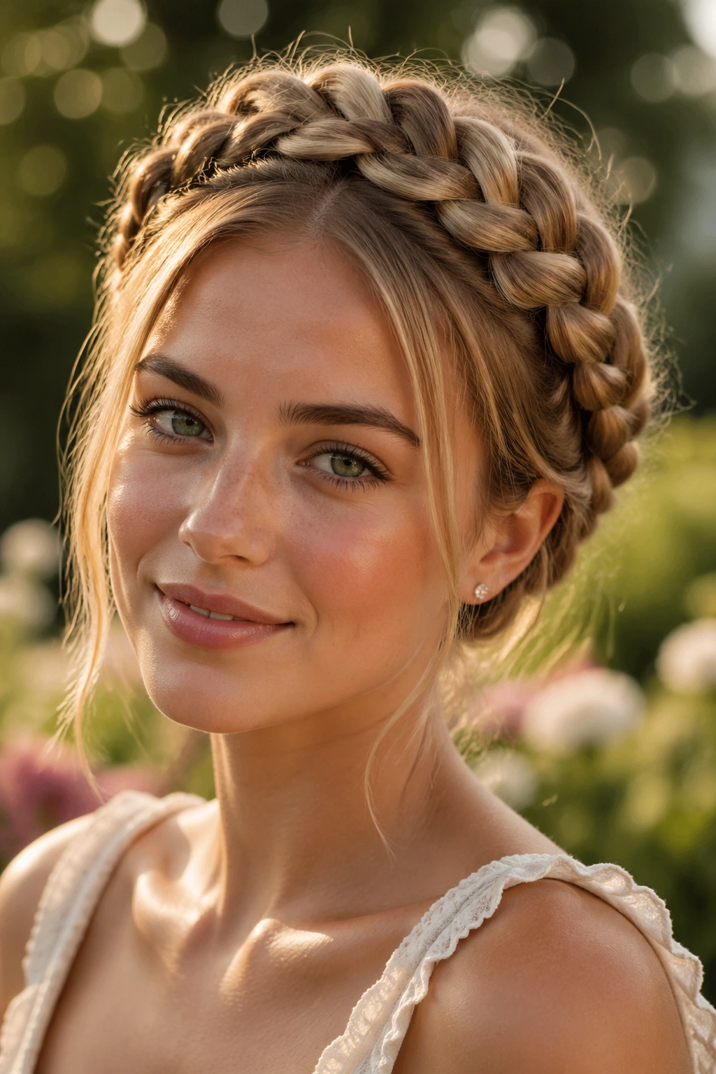 Close-up of a real woman wearing a crown braid headband