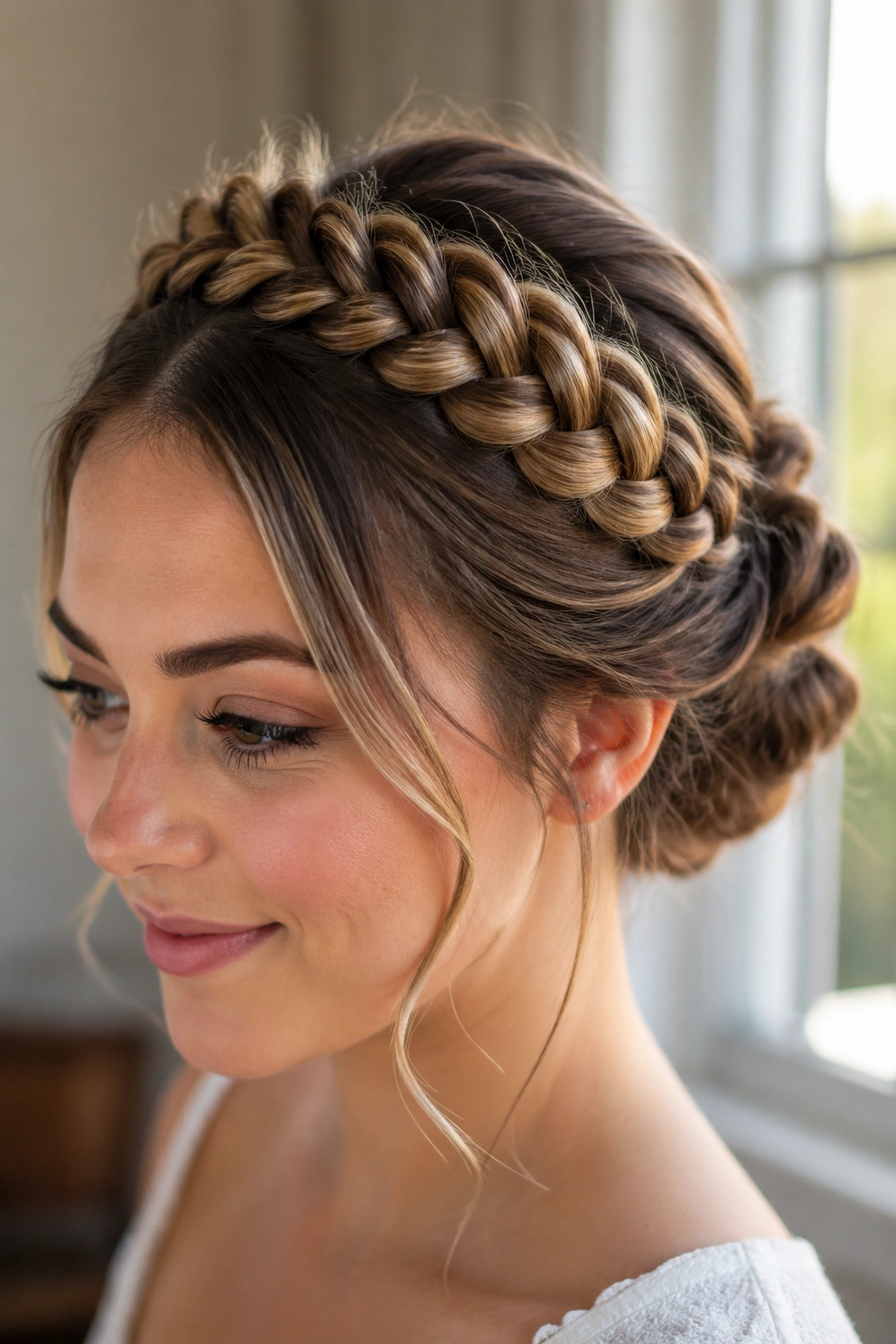 Front-close portrait of a real person with a crown braid placed high above the widest point