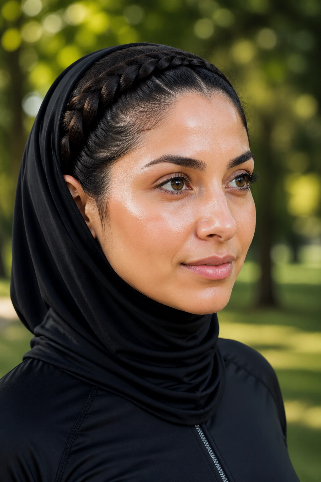 Close-up portrait of a real woman with a crown braid under a hijab