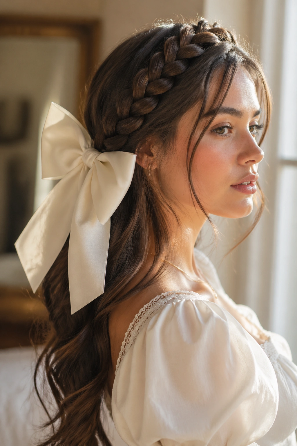 Real woman wearing crown braid with an oversized ivory bow at the back