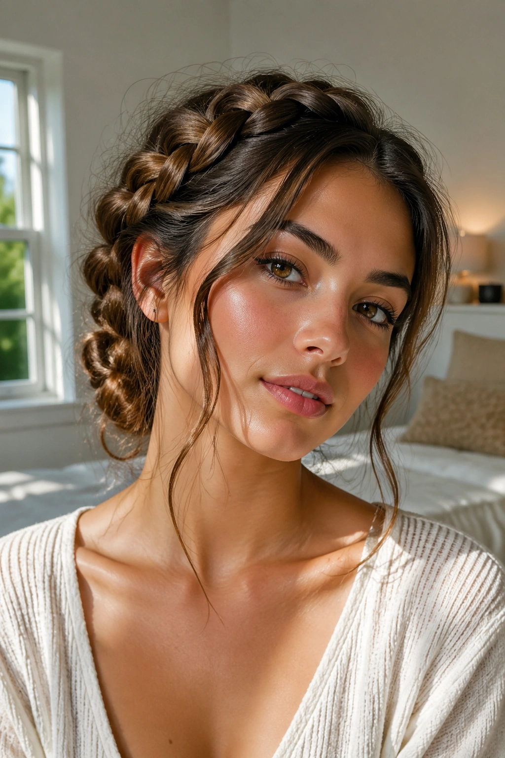 Close-up of a real woman's head with a messy side crown braid and jawline tendrils