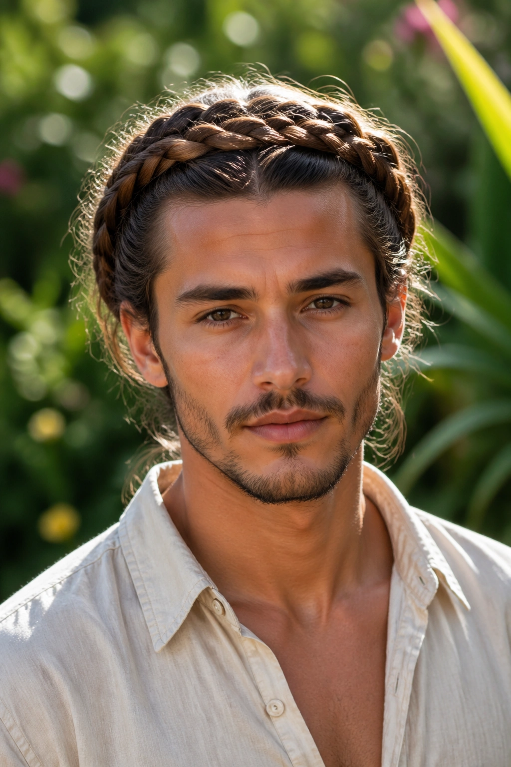 Front portrait of a man with a crown braid around the head