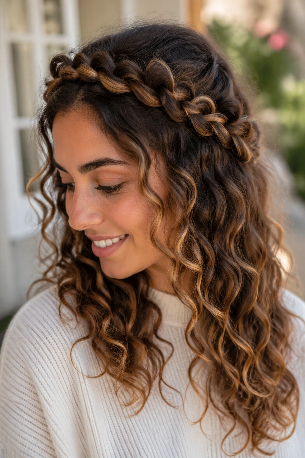 Close-up of real woman with crown braid and loose ends