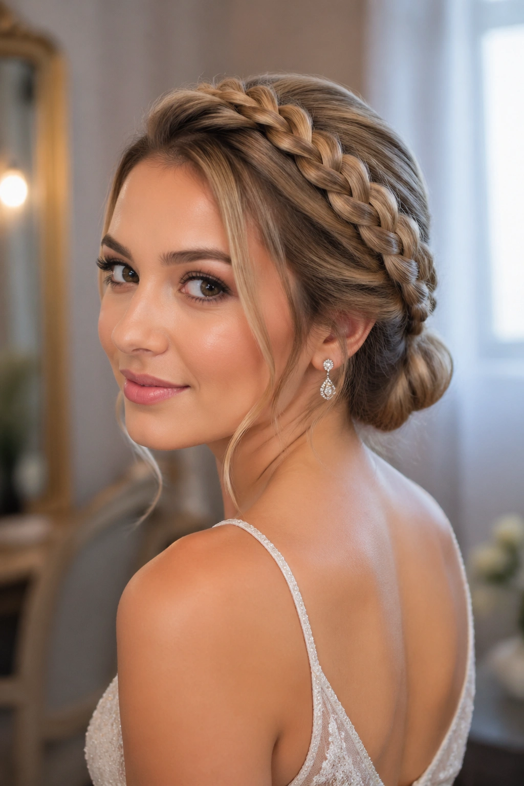 Close-up of real woman with crown braid and low bun in soft bridal light.
