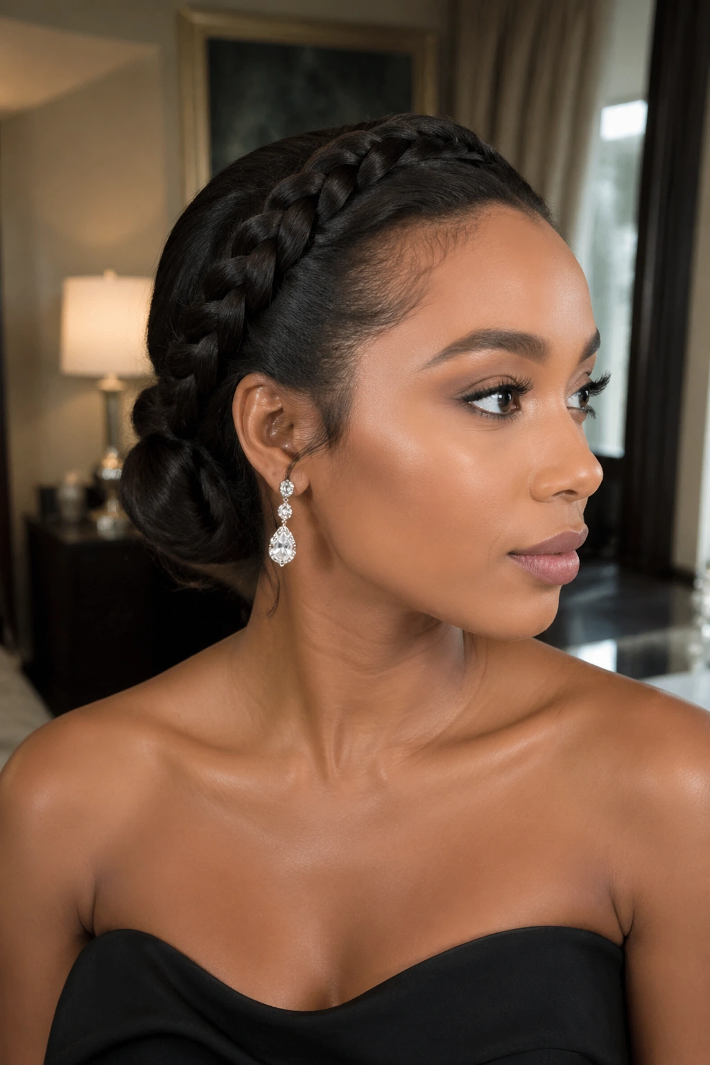 Close-up of a real woman wearing a crown braid that forms a low chignon