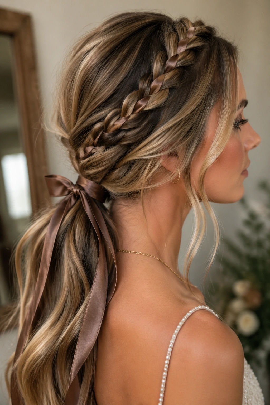 Real woman with crown braid leading to a low pony and mocha ribbons