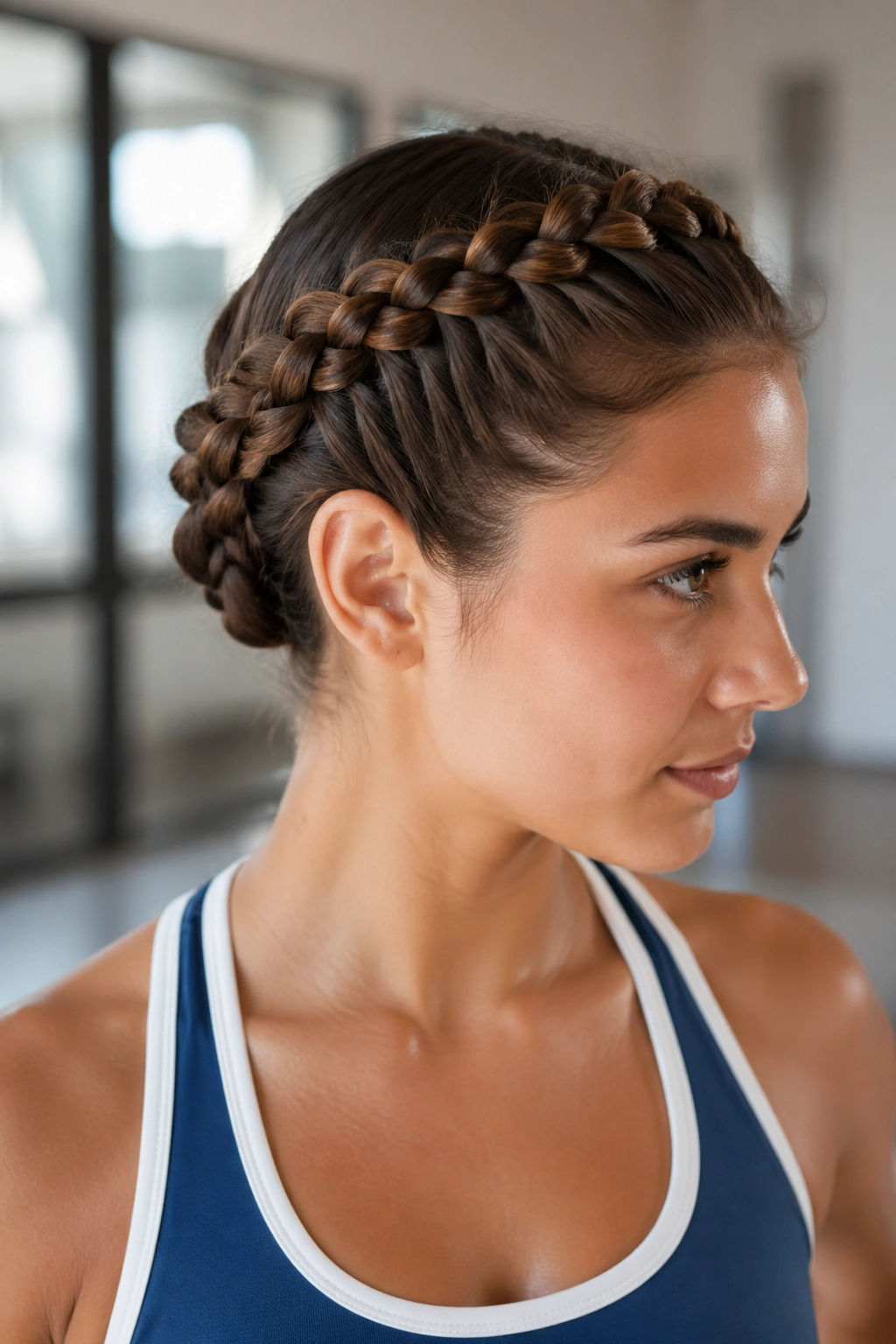 Close-up of a real person wearing a crown braid with a hidden nape tuck