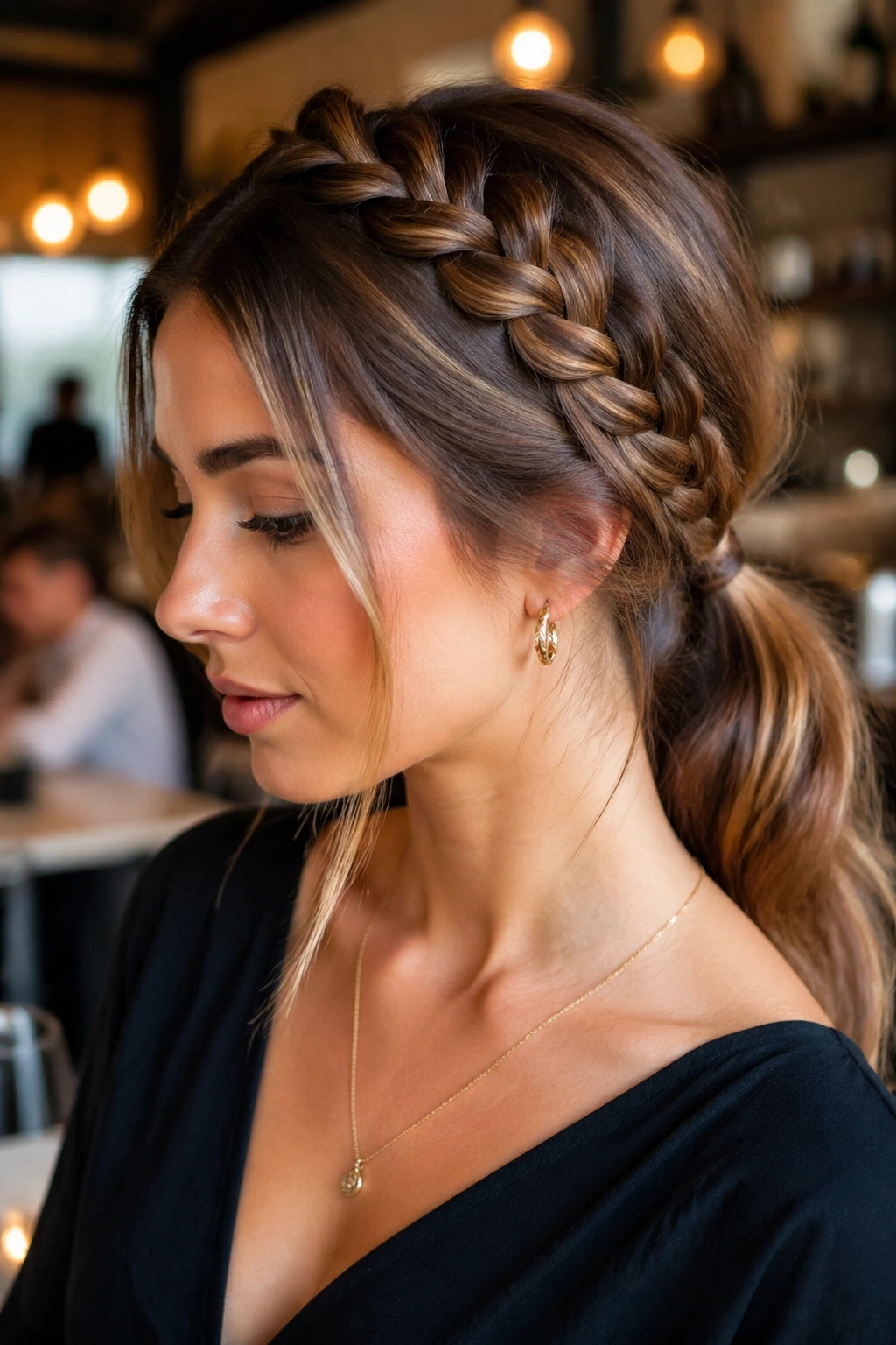 Portrait of a real woman with crown braid at hairline leading to low ponytail