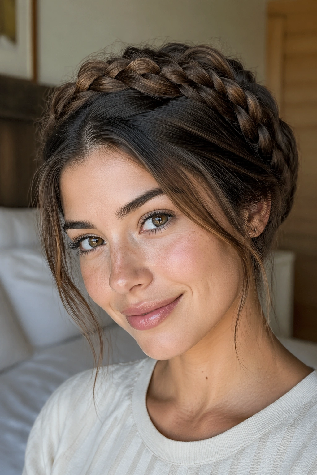 Close-up portrait of a real person wearing a crown braid around the head with soft window light.
