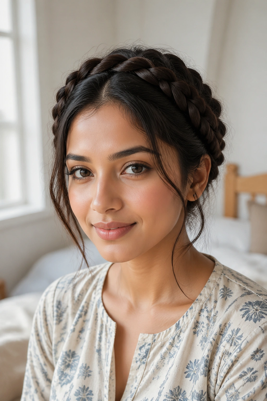 Close-up of a real woman wearing a crown braid around the head with soft window light