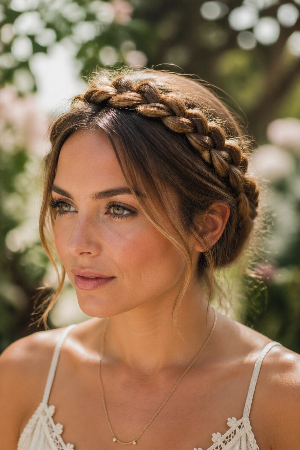 Real woman wearing a crown braid across the crown in a garden