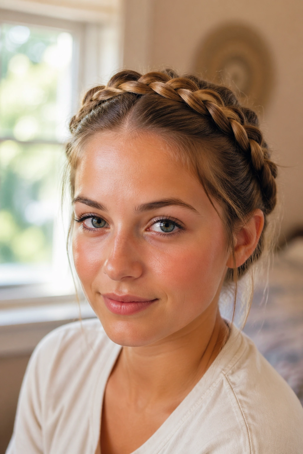 Portrait of real person wearing a quick crown braid across the crown