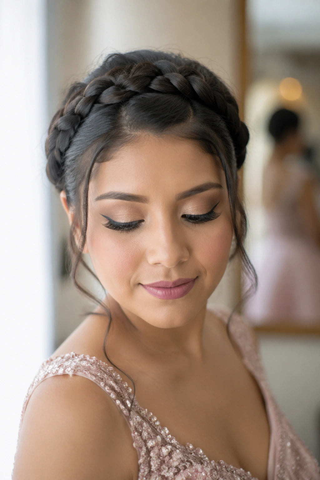 Close-up of a real woman's head with a crown braid encircling the head in a dressing-room setting